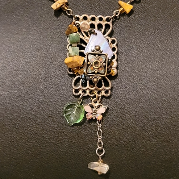 Estate Stone, Glass & Shell Charm Dangle Necklace - Picture 3 of 6